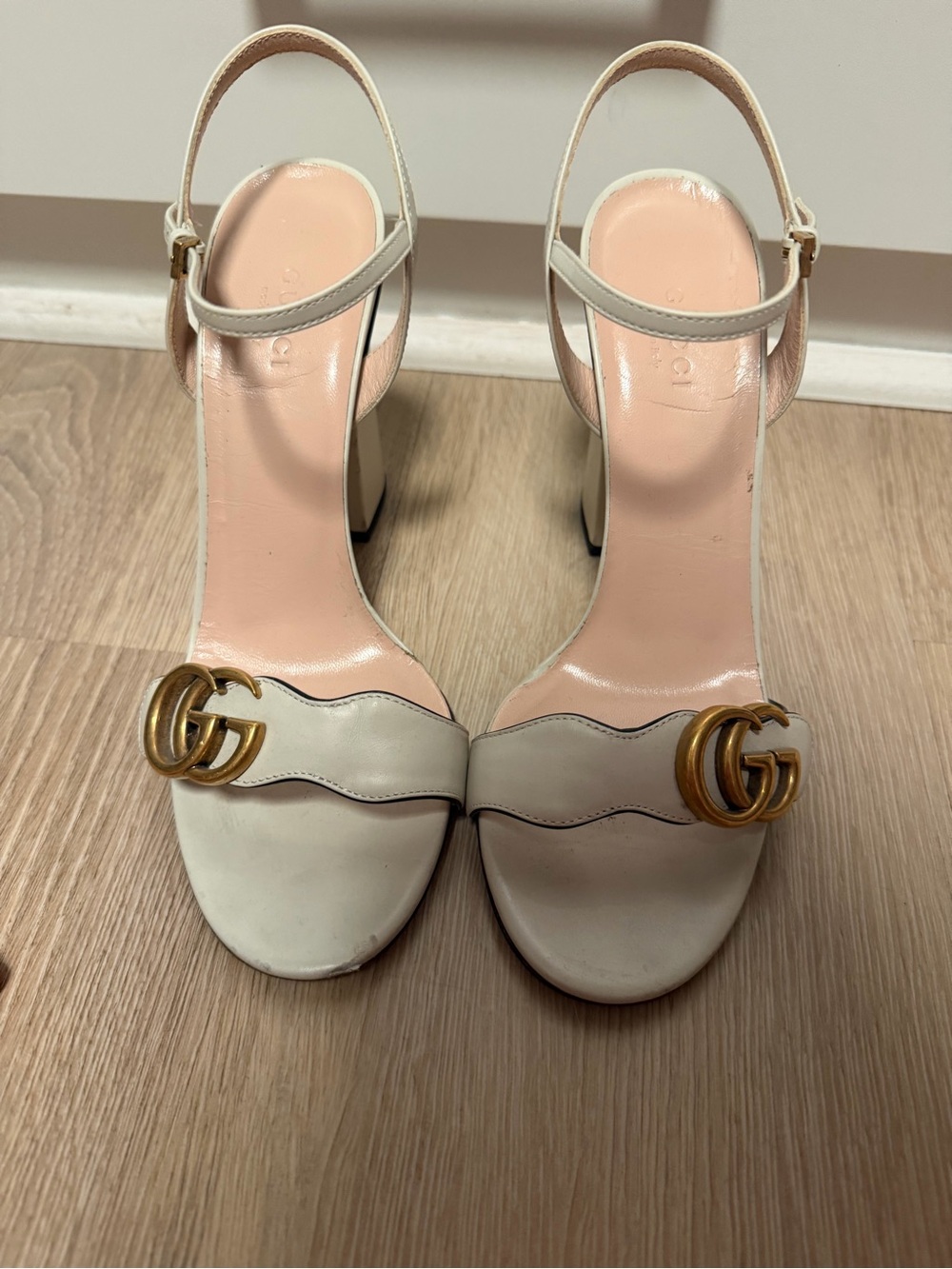 Gucci White Leather High Heel Sandals with Gold Double G